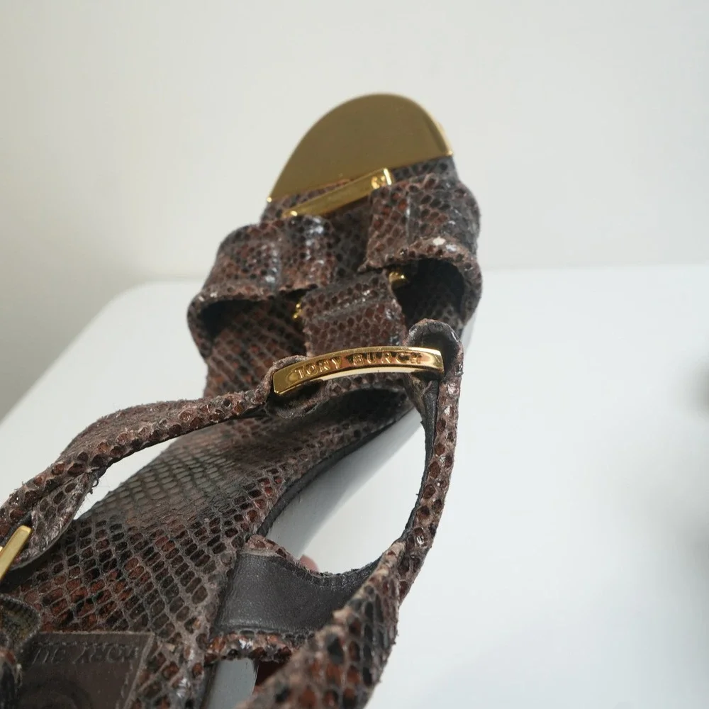 Tory Burch Karmen Platform Sandals 7M Brown Snakeskin Wood‎ Block Heel Gold